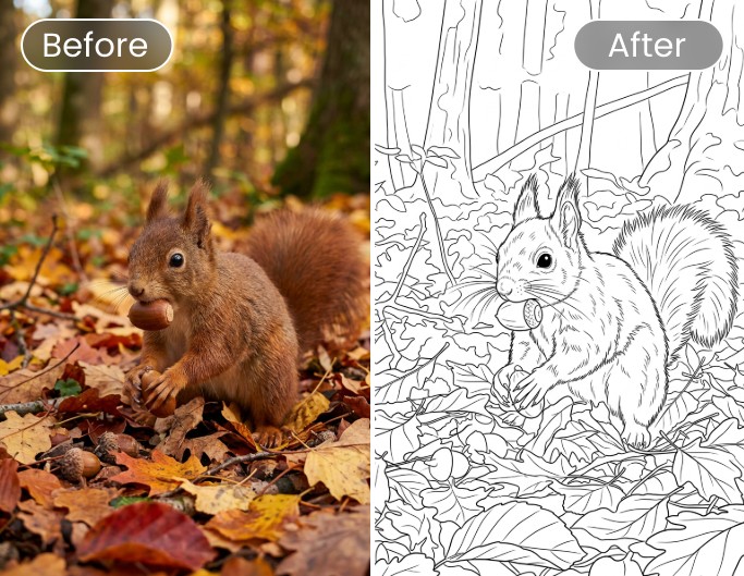 Transformer une image en dessin à colorier précis représentant un écureuil dans la forêt dautomne