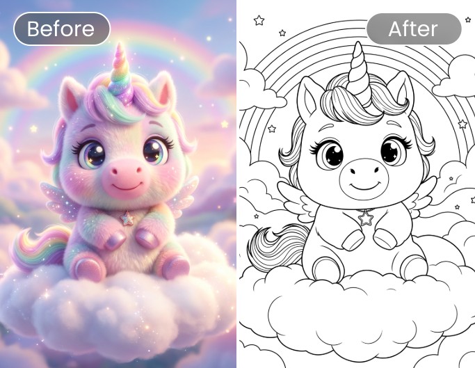 Transformer une photo en coloriage magique de licorne sur un nuage pour les enfants