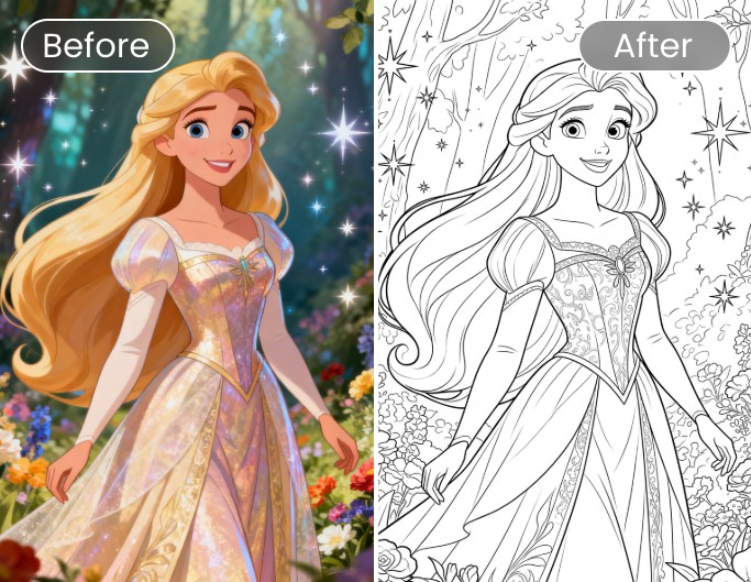 Transformer une photo en dessin à colorier dune princesse dans une forêt enchantée