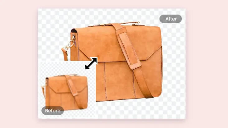 Un esempio di un'immagine di prodotto prima e dopo che è stata ingrandita utilizzando lo strumento di upscaling di immagini AI di Fotor