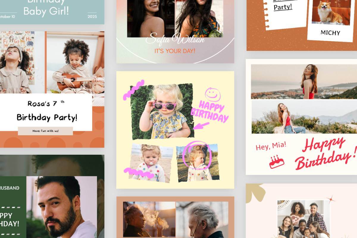 Various customizable birthday photo collage templates on Fotor