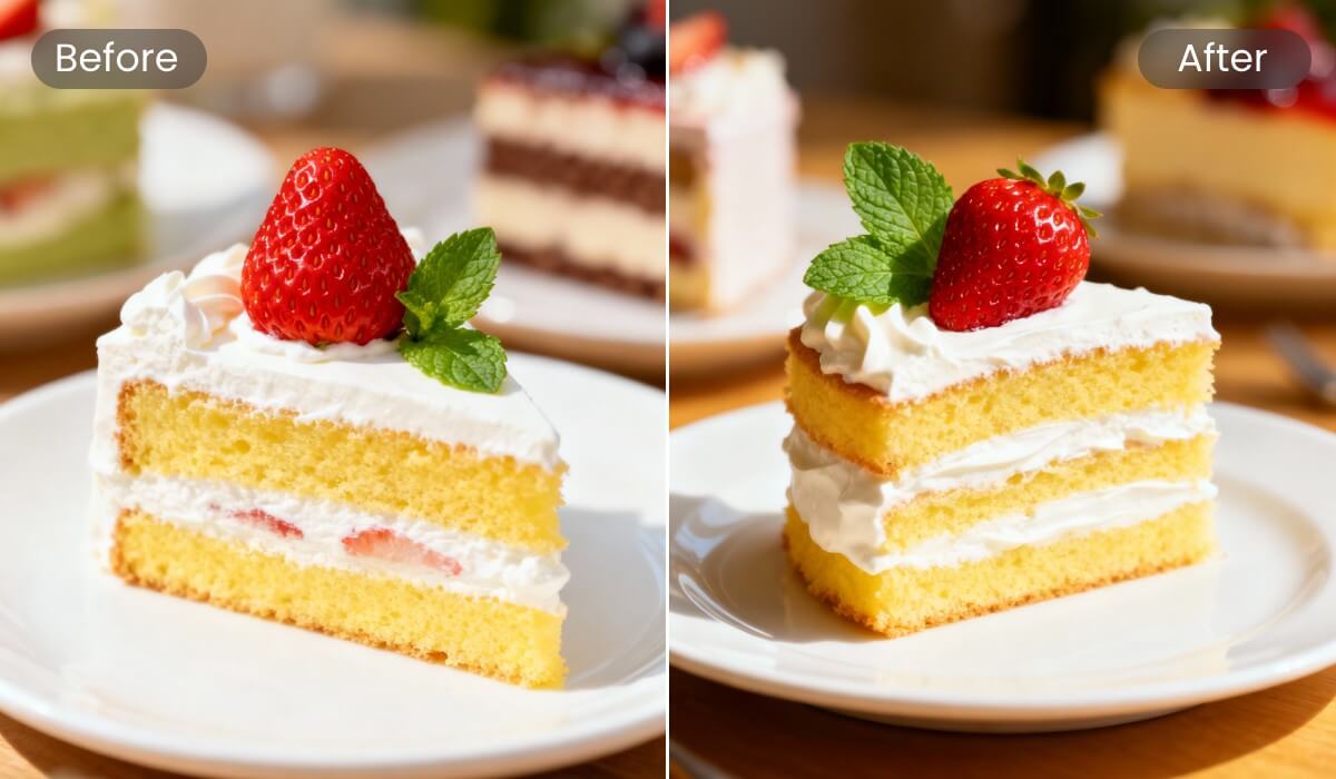 Ein vorher und Nachher-Vergleich eines Torte-Bilds