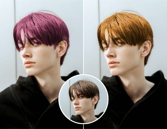 A boy trys on purple and bronze hair colors virtually in fotor