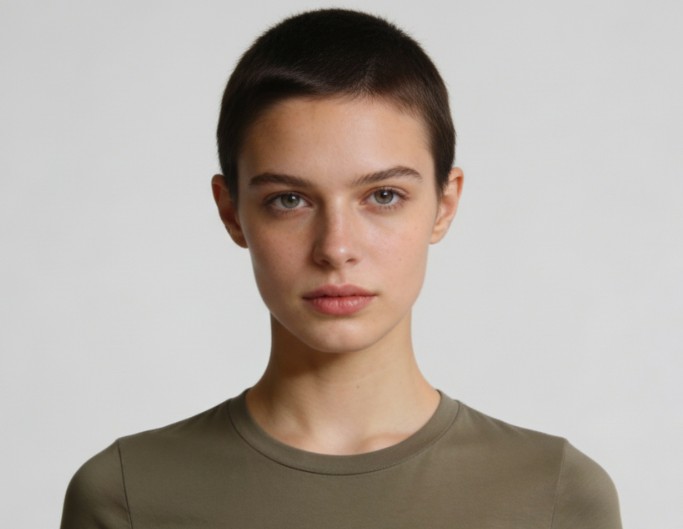 A cool woman with a clean buzz cut