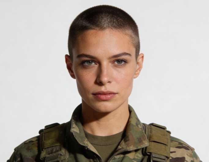 A cool woman with a jarhead buzz cut