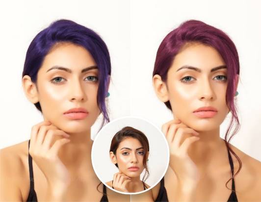 A female trys on two different pruple hair colors virtually in fotor