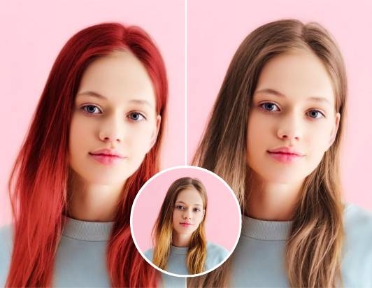 A girl trys on red and brown hair colors virtually in fotor
