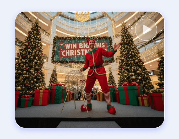 A happy man dressed up like a christmas elf dancing in a shopping mall