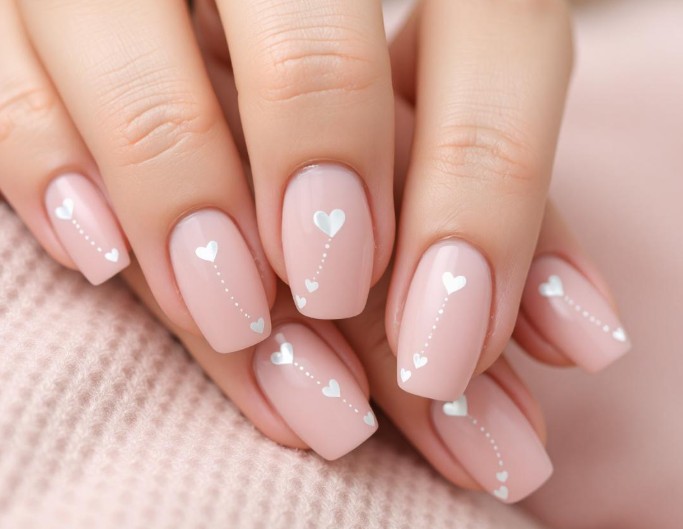 A pink nail art with little white heart for valentines day nail
