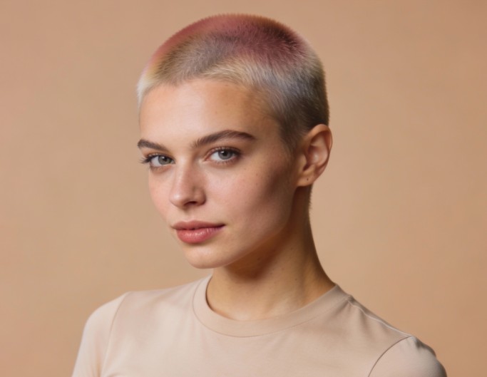A woman with a bleached buzz cut