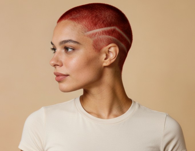 A woman with a red textured buzz cut