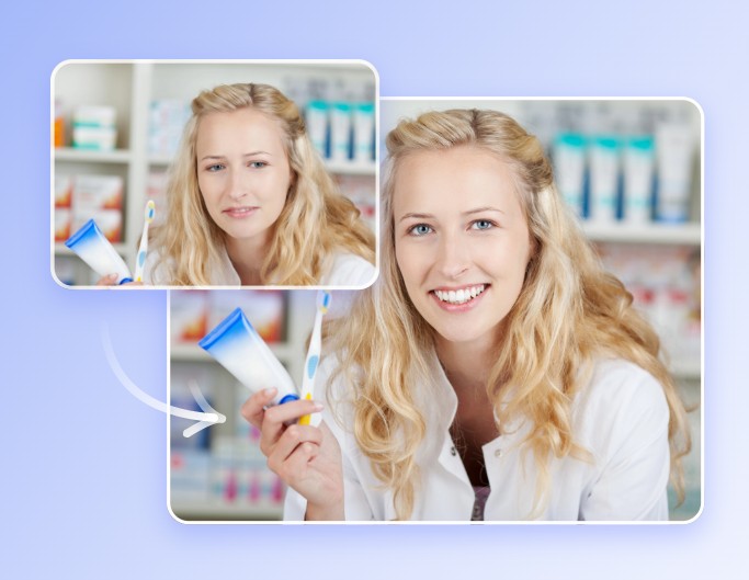 Add a smile to a photo of a woman in a toothpaste marketing image