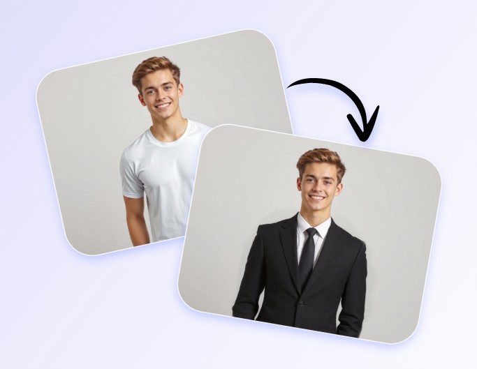 Add a suit to a photo of a man wearing a white shirt