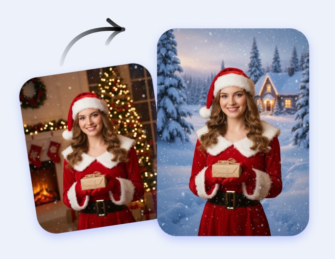 Add snow to a photo of a female santa