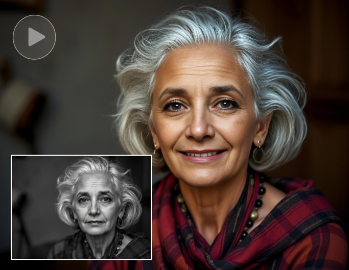 Schwarz-Weiß-Foto einer weißhaarigen Frau kolorieren und animieren