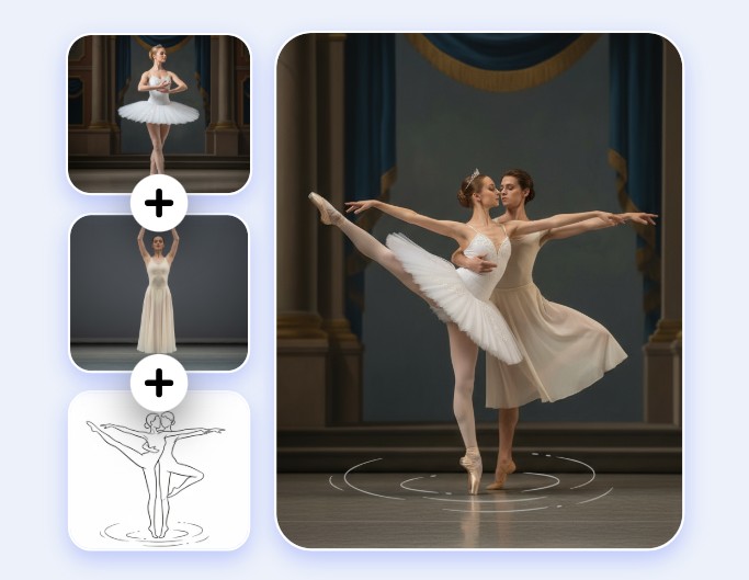 Annotation based AI image merger featuring two girl dancing