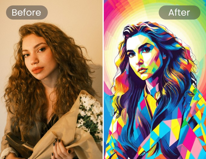 Apply ai art filter to the females photo and make it colorful and artful