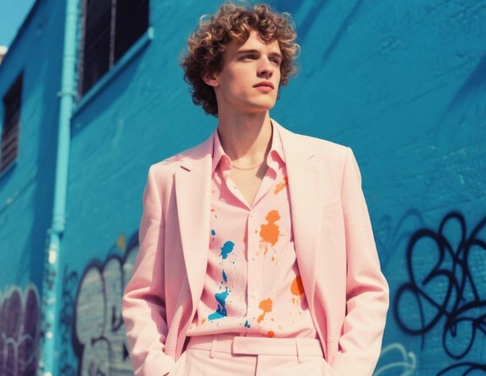 Apply retro polaroid effect to a photo of a male model in pink suit