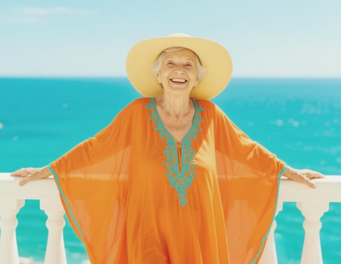 Apply the alexandria effect to an elderly woman in orange dress