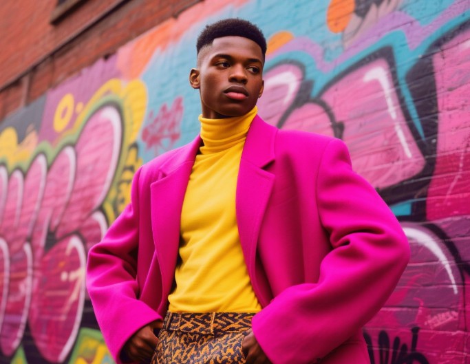 Apply the hk film filter to a male model in pink coat