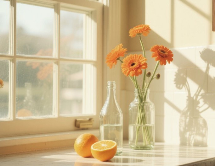 Apply the nashville effect to a pictute of bottles oranges and flowers