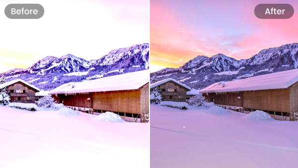 Vergelijking van voor en na van een berg sneeuwlandschap foto met kleurverbetering en overbelichtingscorrectie met Fotor