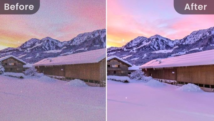 Comparación del antes y el después de una imagen de un paisaje nevado de montaña con mejora del color y corrección de la sobreexposición con Fotor.