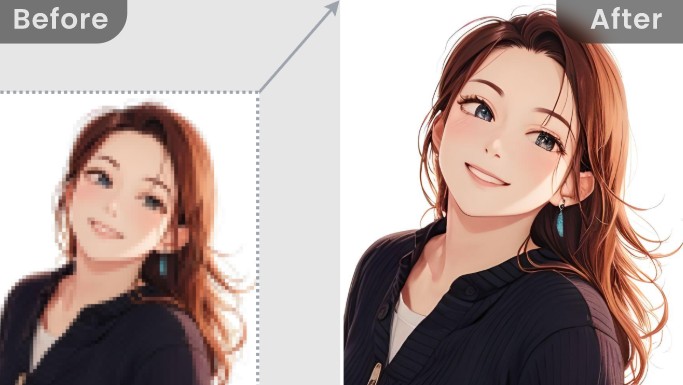 Comparación del antes y el después de la ampliación de un personaje femenino de anime con baja resolución a alta resolución