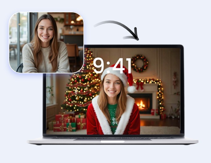Change a female portrait photo to an ai santa image and make it a computer wallpaper