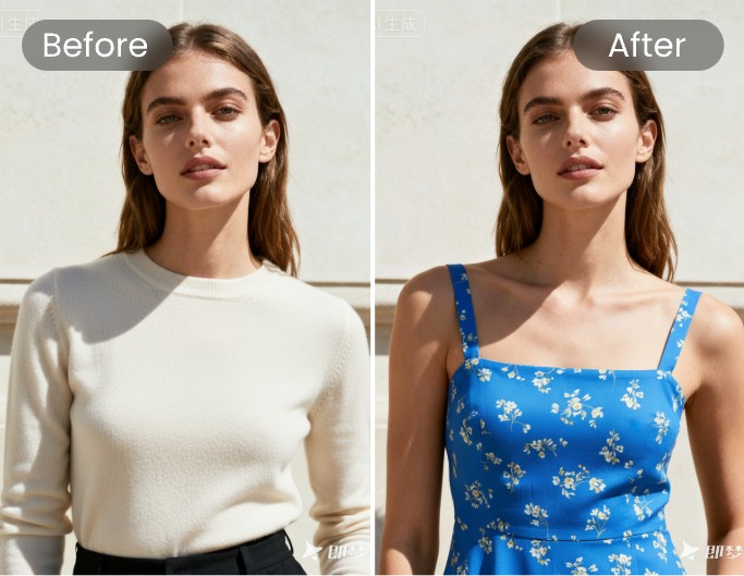 Change a white blouse into a blue dress with fotor