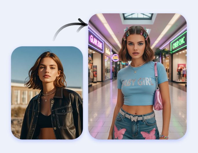 Change the clothes of a woman from black jacket into y2k style outfit with fotor ai time machine