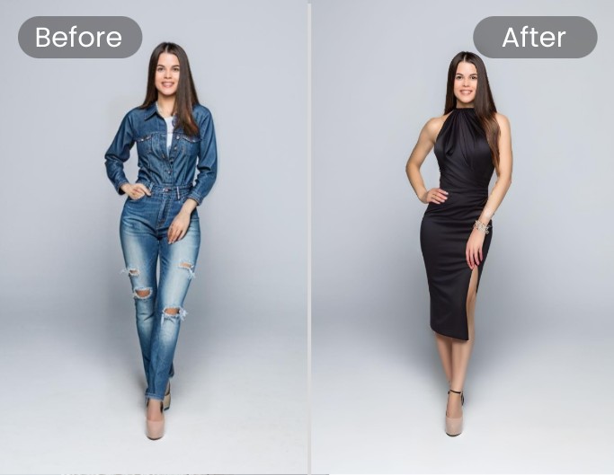 Change the entire outfit of a lady in a photo