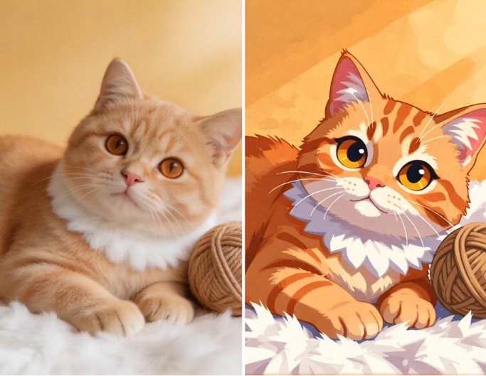 Originales und Cartoon-Bild eines Roten Kätzchens mit Wollknäuel