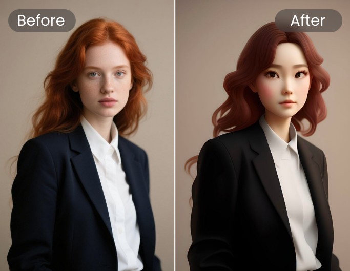 Chibi art anime before and after comparison on a woman