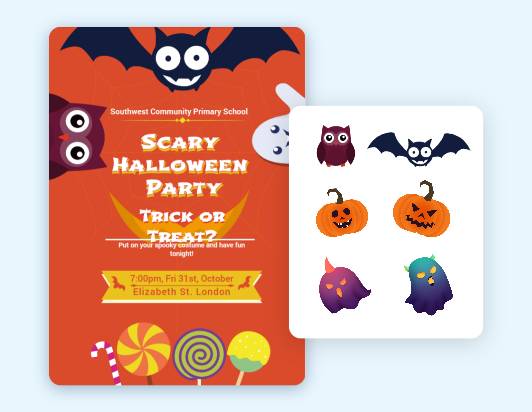 Choose and apply halloween stickers to the halloween party invitation design