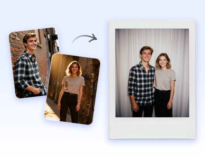 Combine pictures of a man and a woman into a vintage polaroid photo with fotor
