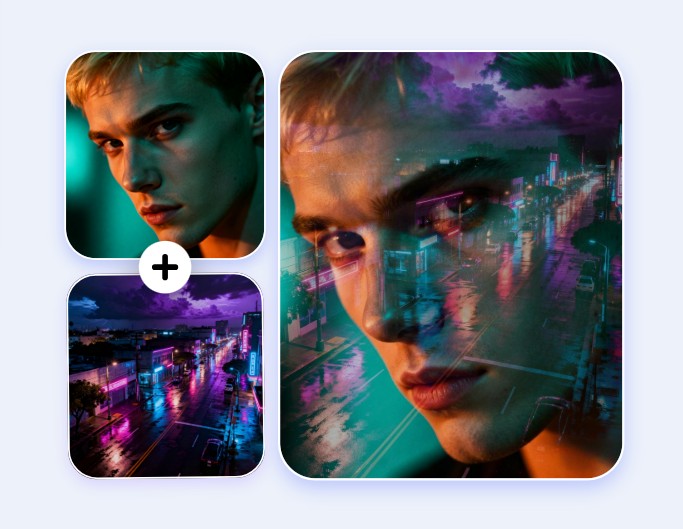 Combine two images into a frame featuring double exposure effects