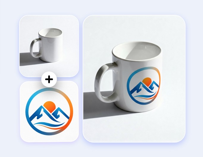 將兩張圖片合成在同一畫面中呈現品牌 Logo 的效果模擬Fotor AI 可自然融合圖像與 Logo打造專業且真實的品牌展示圖