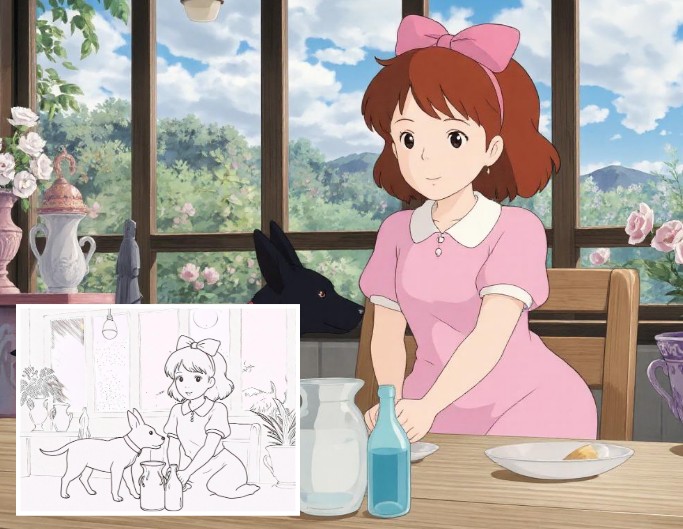 Comvert sketches to colorized drawings featuring a girl in a pink dress in anime style