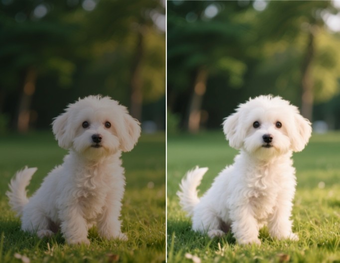 Contrast a dark puppy photo to a brighter one
