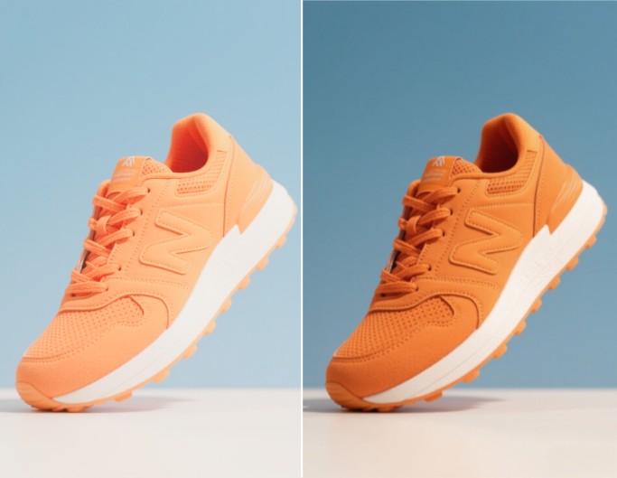 Contrast an overexposed shoe photo to a normal one