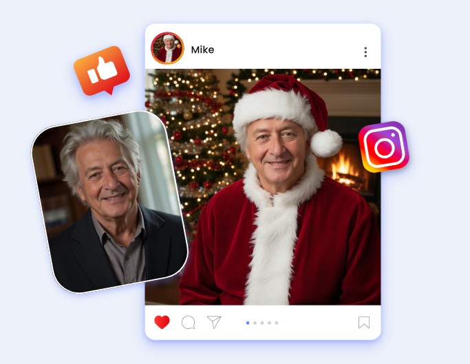 Convert a male portrait photo to a santa claus visual and share it on social media