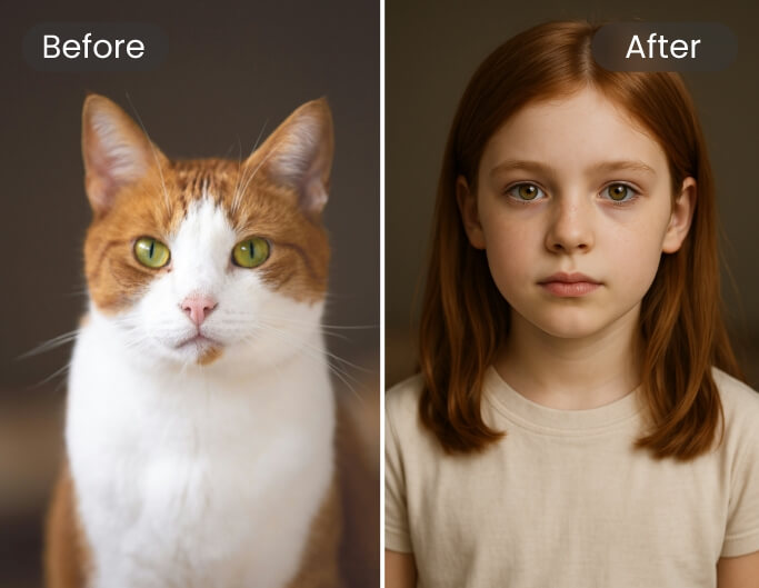 Convert a yellow and white cat to a little girl instantly