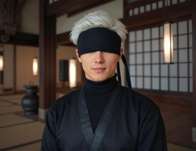 白髪と黒い衣装で五条悟にコスプレした男性