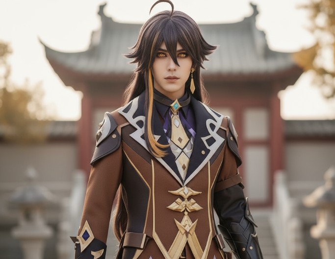 黒と金の中国風衣装を着た落ち着いた表情の鍾離のコスプレイラスト
