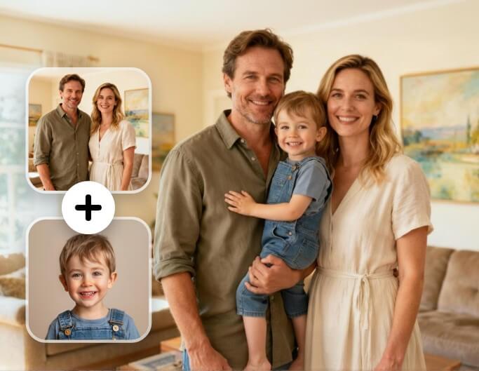 Create a family group photo using AI with individual portraits combined seamlessly
