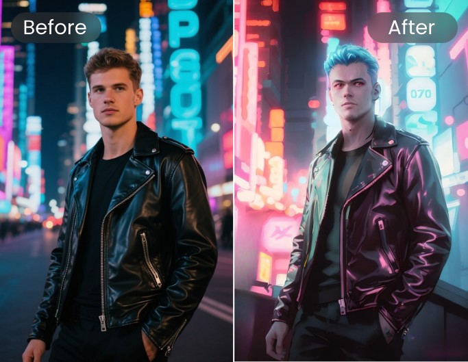 Cyberpunk anime before and after comparison on a man