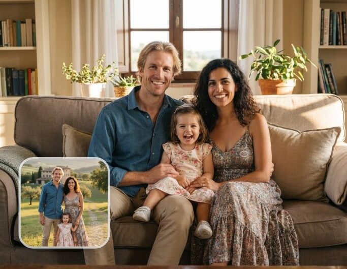 Family photo with AI changed background from outdoor to a living room scene