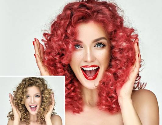 Female with blonde hair trys on red hair filter