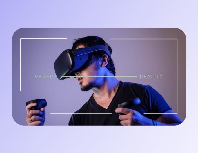 Fotor игровой yt шаблон баннера с изображением человека в vr очки в серый bg